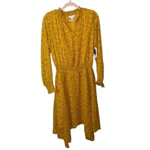 NWT Time & Tru Mustard Yellow Floral Midi Dress Smocked Waist Long Sleeve Dress